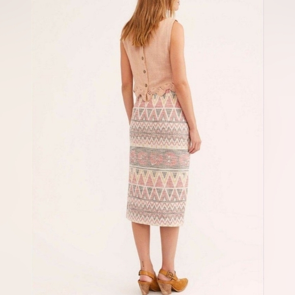 FREE PEOPLE Mendocino Aztec Boho Woven High Waist Slit Pencil Skirt Size Large - Picture 2 of 10